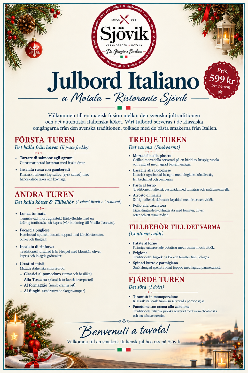 Julbord Italiano på Restaurang Sjövik, meny med italienska julrätter